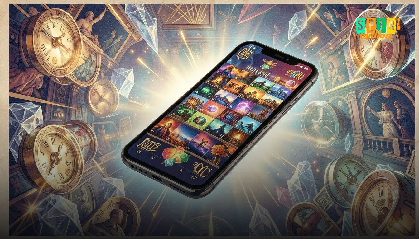 SpinMillion Casino mobile casino interface on smartphone showing game lobby and cashier